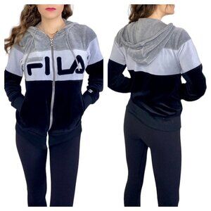 Fila Women Velour Hooded Track Jacket Outdoor Sweater Size XL